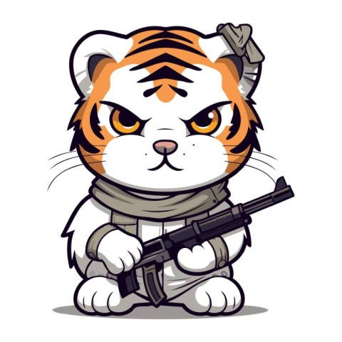 Cute tiger in a bandana with a gun. Vector illustration