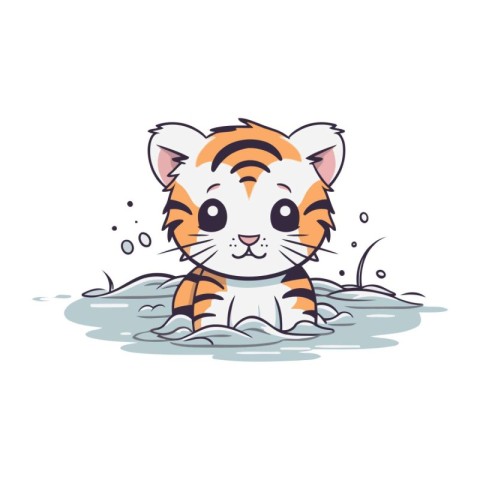 Cute little tiger in water. Vector illustration on white backgro