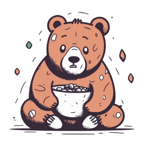 Cute cartoon bear with bowl of cereals. Vector illustration.