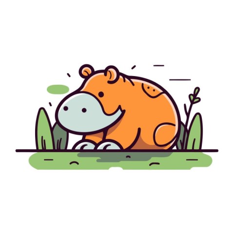 Cute hippopotamus in the grass. Vector illustration in flat styl