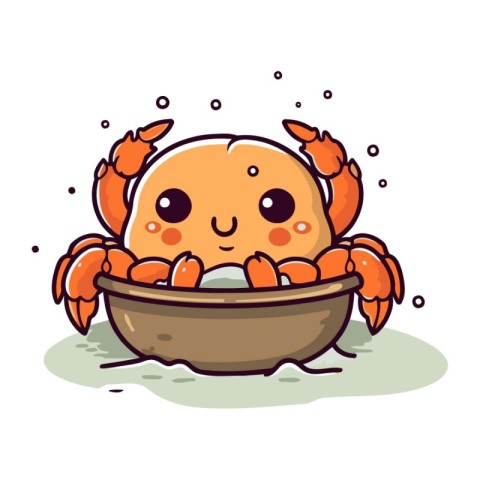 Cute cartoon crab in bowl. Vector illustration isolated on white