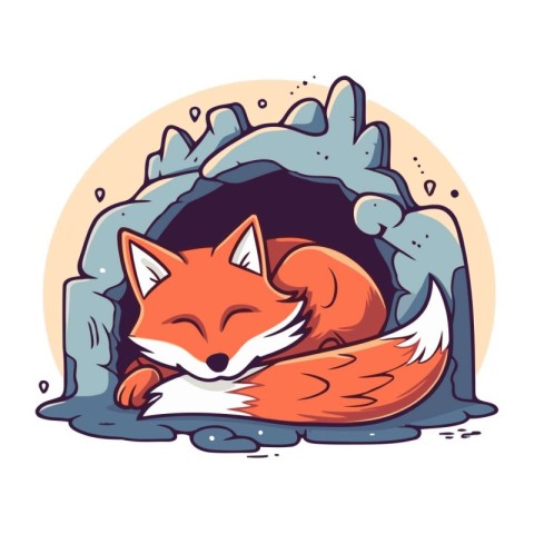 Cute fox sleeping in a cave. Vector illustration in cartoon styl