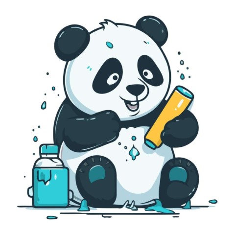 Cute panda with a bottle of water. Vector illustration.