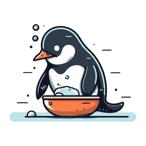 Cute penguin sitting in a bowl of water. Vector illustration.