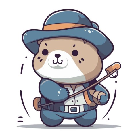 Cute bear in safari hat with fishing rod. Vector illustration.