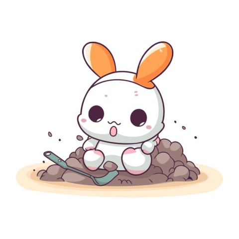 Cute little rabbit sitting on the ground. Vector cartoon illustr