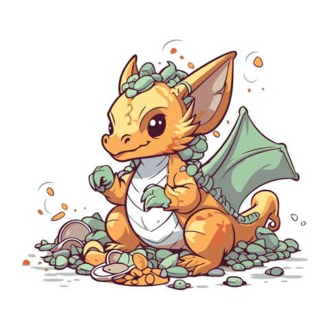 Vector illustration of a cute cartoon dragon sitting on the grou