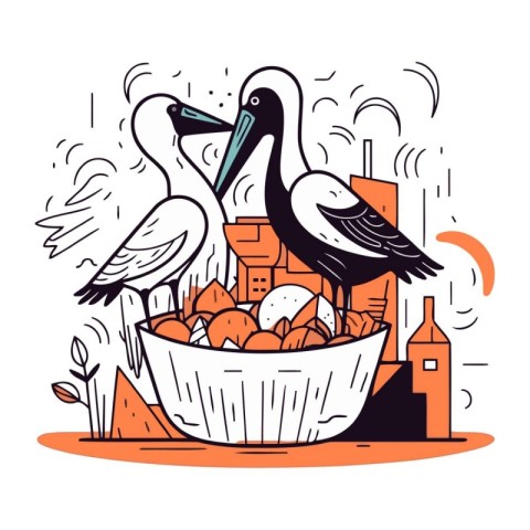 Vector illustration of storks with eggs in a bowl on the backgro