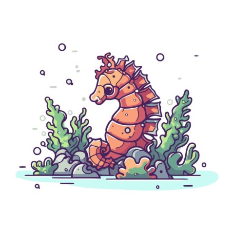 Cute sea horse with algae and seaweed. Vector illustration.