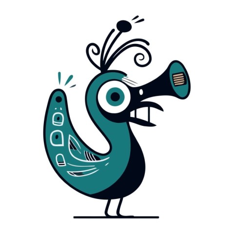 funny peacock with trumpet. vector illustration on a white backg