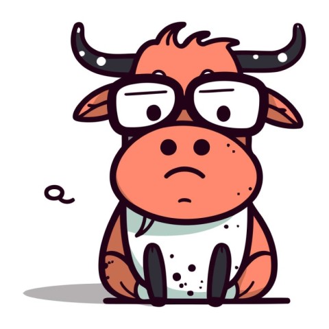 Cute cartoon cow with glasses. Vector illustration isolated on w