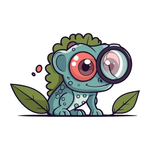 Cute cartoon frog with magnifying glass. Vector illustration on