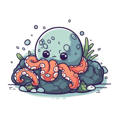 Octopus and seaweed vector illustration. Cute cartoon sea animal