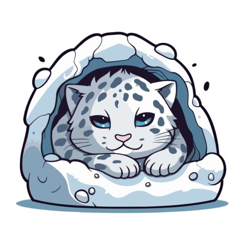 Cute cartoon snow leopard in a hole. Vector illustration.