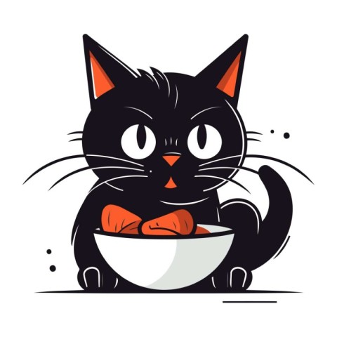 Cute black cat with a bowl of carrots. Vector illustration.