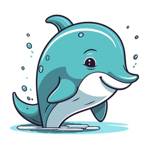 Cute cartoon dolphin with splashes of water. Vector illustration