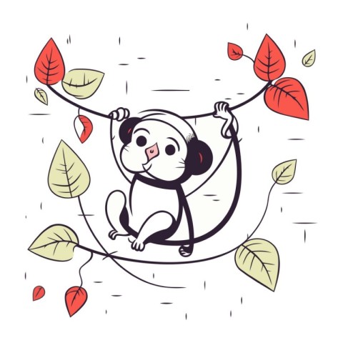 Cute cartoon monkey hanging on a rope with leaves. Vector illust