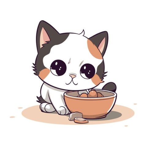 Cute cat with bowl of food. Vector illustration in cartoon style