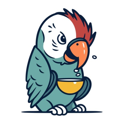 Cute parrot with a bowl of milk. Vector illustration.