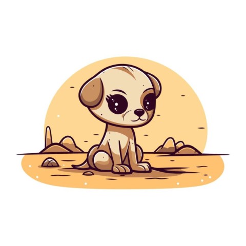 Cute cartoon dog sitting on the sand in the desert. Vector illus