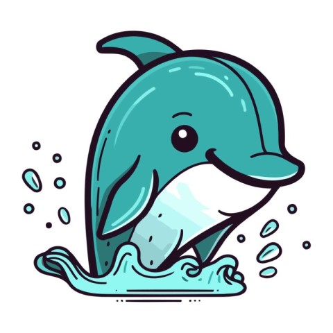 Cute cartoon dolphin with splashes of water. Vector illustration