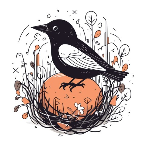 Hand drawn vector illustration of a crow sitting on a pumpkin in