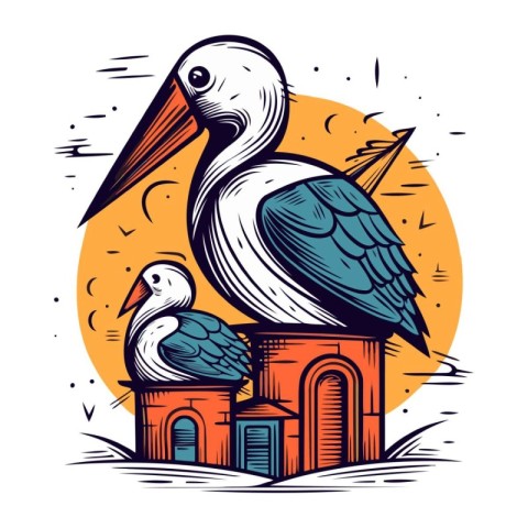 Pelican and bird on the roof of a church. Vector illustration.