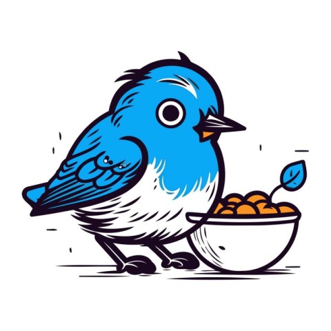 Blue bird with a bowl full of acorns. Vector illustration.