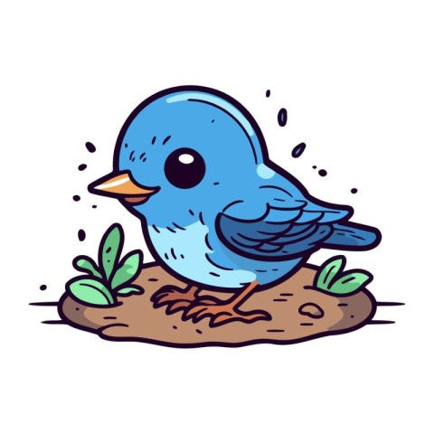 Cute cartoon blue bird sitting on the ground. Vector illustratio