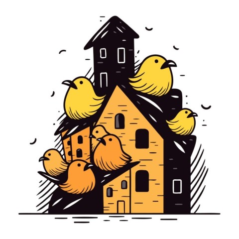 Vector illustration of a family of birds in front of a house.