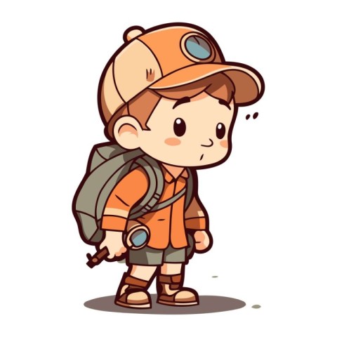 Explorer boy with backpack and hat. Vector illustration isolated