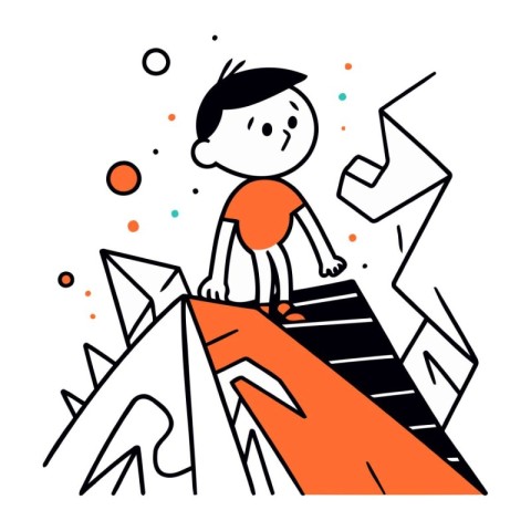 Vector illustration of a little boy climbing up a mountain. Dood