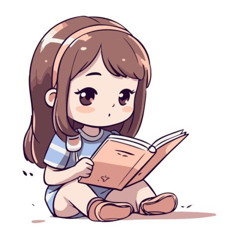 Cute little girl sitting and reading a book. Vector illustration