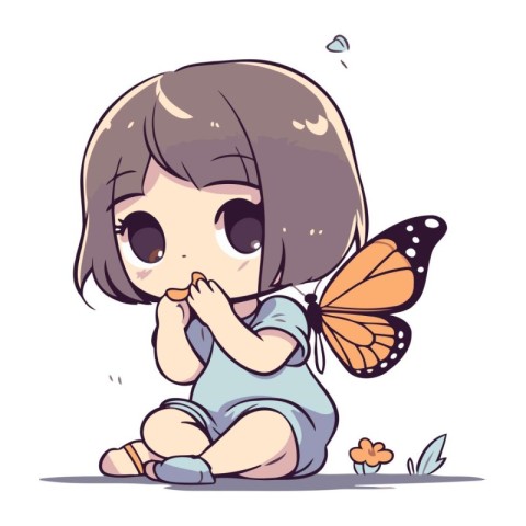 Cute little girl playing with butterfly. Vector illustration in