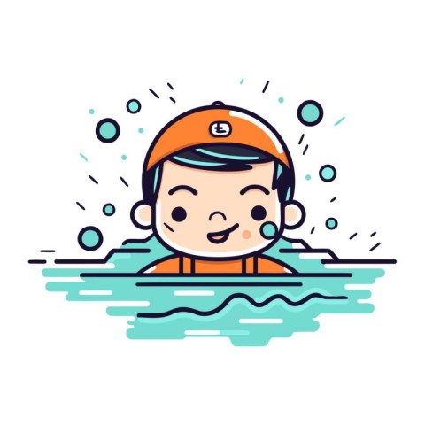 Cute boy swimmer in the sea. Vector illustration in thin line st