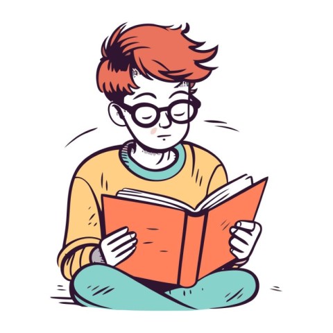 Young man reading a book. Vector illustration in doodle style.