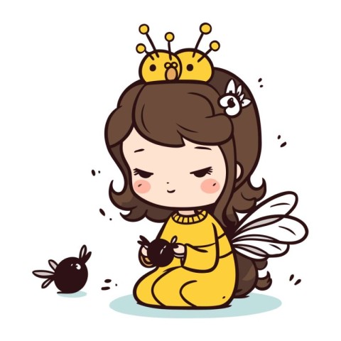 Cute little fairy sitting on floor and playing with blackberries