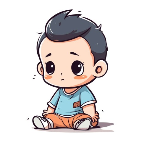 Cute little boy sitting and crying. Vector cartoon character ill