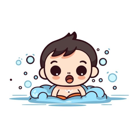 Cute little baby boy swimming in the pool. Vector illustration.