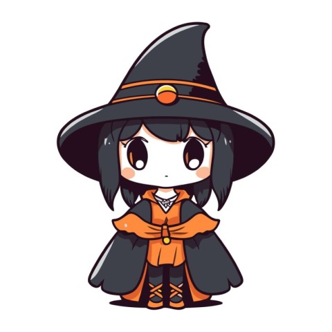 Cute cartoon witch girl in halloween costume. Vector illustratio