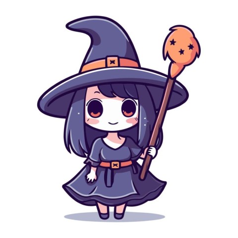 Cute little witch girl with magic wand. Vector illustration in c