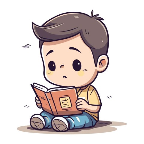 Cute little boy reading a book. Vector illustration in cartoon s