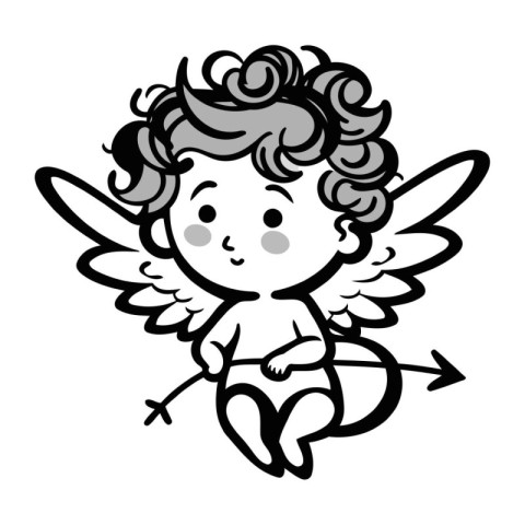 Cute Cupid   Black and White Cartoon Illustration. Vector