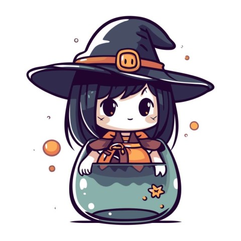 Cute cartoon witch in a pot of potion. Vector illustration.