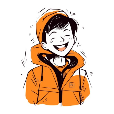 Smiling boy in a warm jacket. Vector illustration on white backg