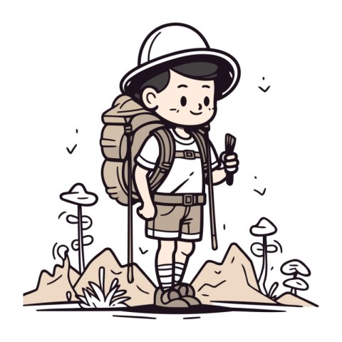 Boy hiker with backpack and map. Vector illustration in cartoon