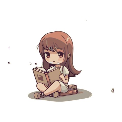 Illustration of a cute little girl reading a book on a white bac