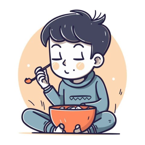 Illustration of a boy eating soup. Vector illustration in cartoo