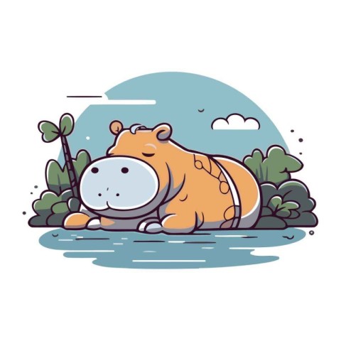 Cute hippopotamus sleeping on the river. Vector illustration.