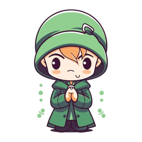 Cute boy in green raincoat and hat. Cartoon vector illustration.